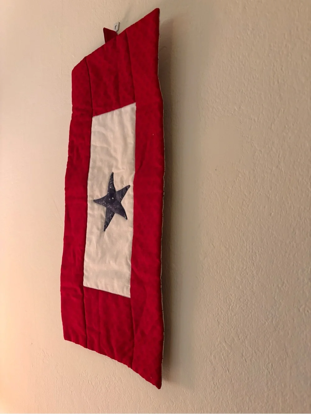 Hand Crafted Red and White Quilted Wall Hanging with Blue Star. Patriotic